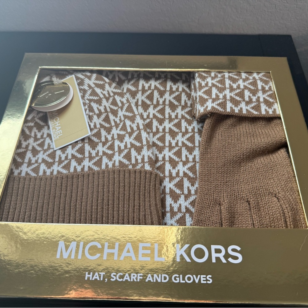 Michael Kors Tan and White Hat, Scarf, and Gloves Set
